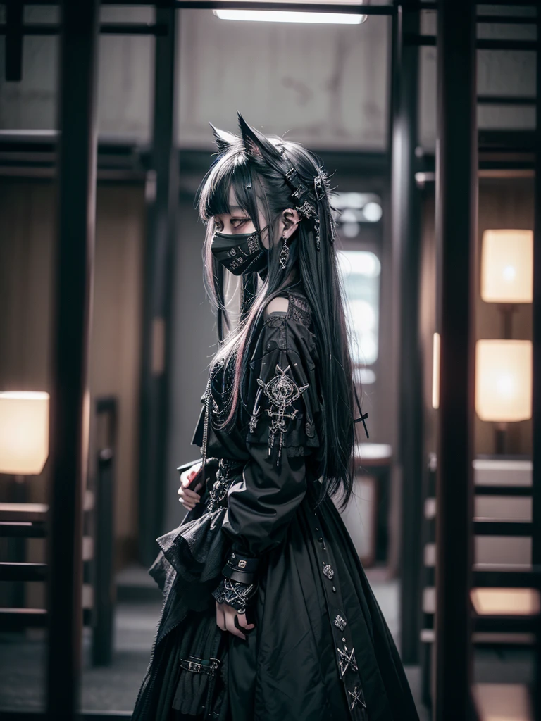 Highest quality、8K、masterpiece：1.3、Gothic Punk、The inside color is red、Black-haired、hair ornaments、Beautiful girl、creative、Dark Fantasy Style、Neogoth、Goth Fashion：1.2、High resolution、masterpiece、Highest quality、頭w:1.3、((Hasselblad Photos))、Fine skin、Sharp focus、(Cinematic lighting)、Realistic textured hair、((Black Mask)),Esbian all over、((View from below))