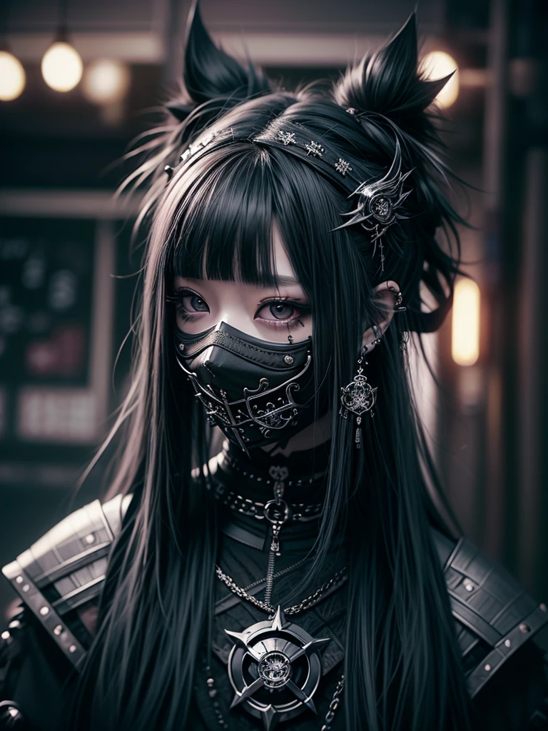 Highest quality、8K、masterpiece：1.3、Gothic Punk、The inside color is red、Black-haired、hair ornaments、Beautiful girl、creative、Dark Fantasy Style、Neogoth、Goth Fashion：1.2、High resolution、masterpiece、Highest quality、頭w:1.3、((Hasselblad Photos))、Fine skin、Sharp focus、(Cinematic lighting)、Realistic textured hair、((Black Mask)),Esbian all over、((View from below))