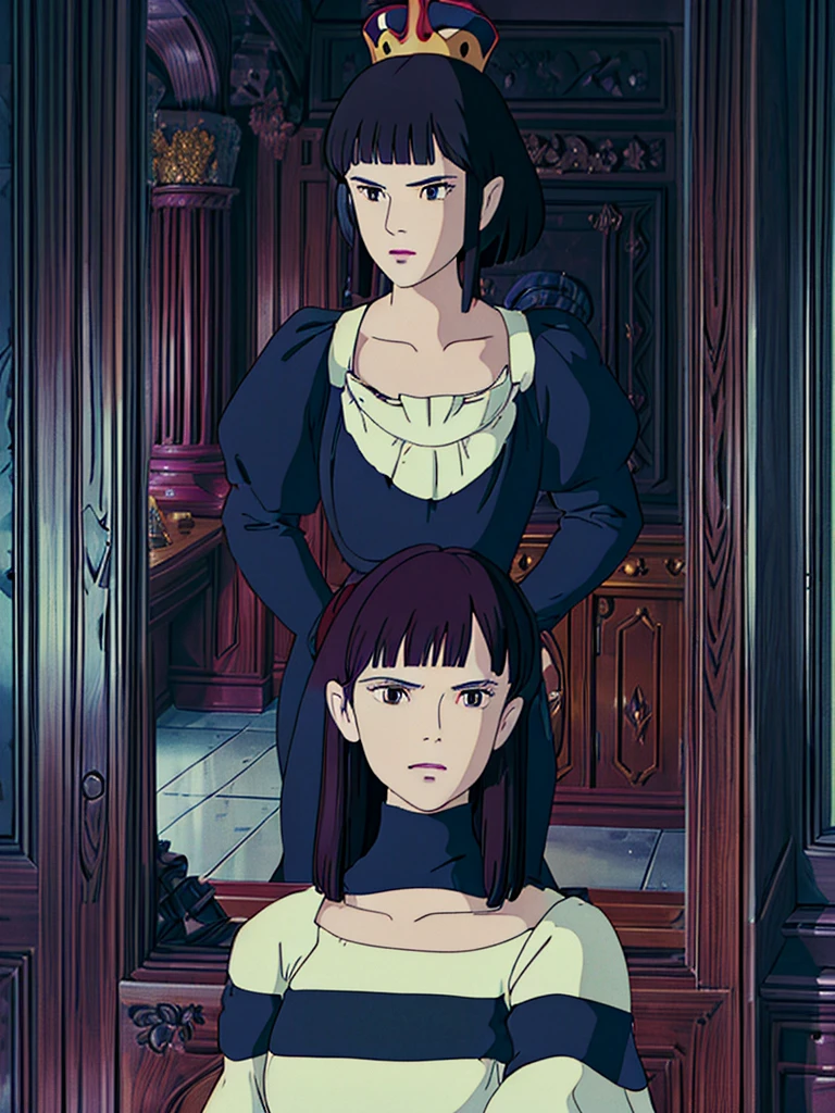 (1 girl)a most Beautiful himecut hairstyle black long hair with bangs busty chess queen,keen eyes,emma watson face,glossing lips black and red checkered  bodysuit,black and red trim stocking,silver crown ,sexy ,a private room background,medieval,chess theme(((close up image))),(((ultra realistic))),(((high detail character))),4k,((high resolution))