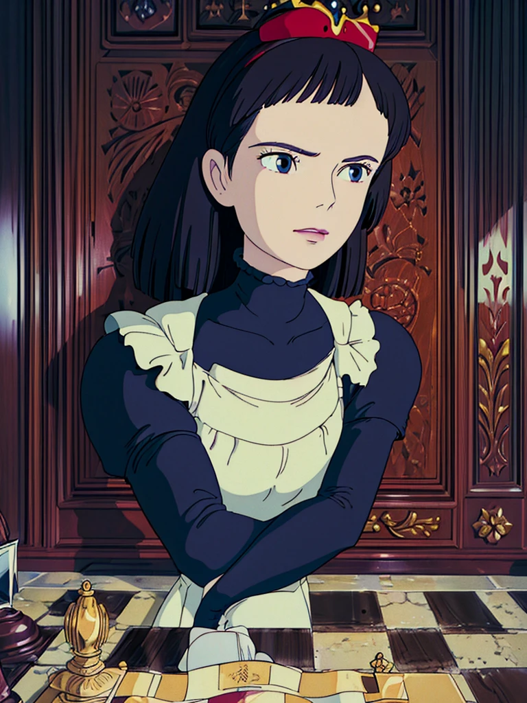 (1 girl)a most Beautiful himecut hairstyle black long hair with bangs busty chess queen,keen eyes,emma watson face,glossing lips black and red checkered bodysuit,black and red trim stocking,silver crown ,sexy ,a private room background,medieval,chess theme(((close up image))),(((ultra realistic))),(((high detail character))),4k,((high resolution))