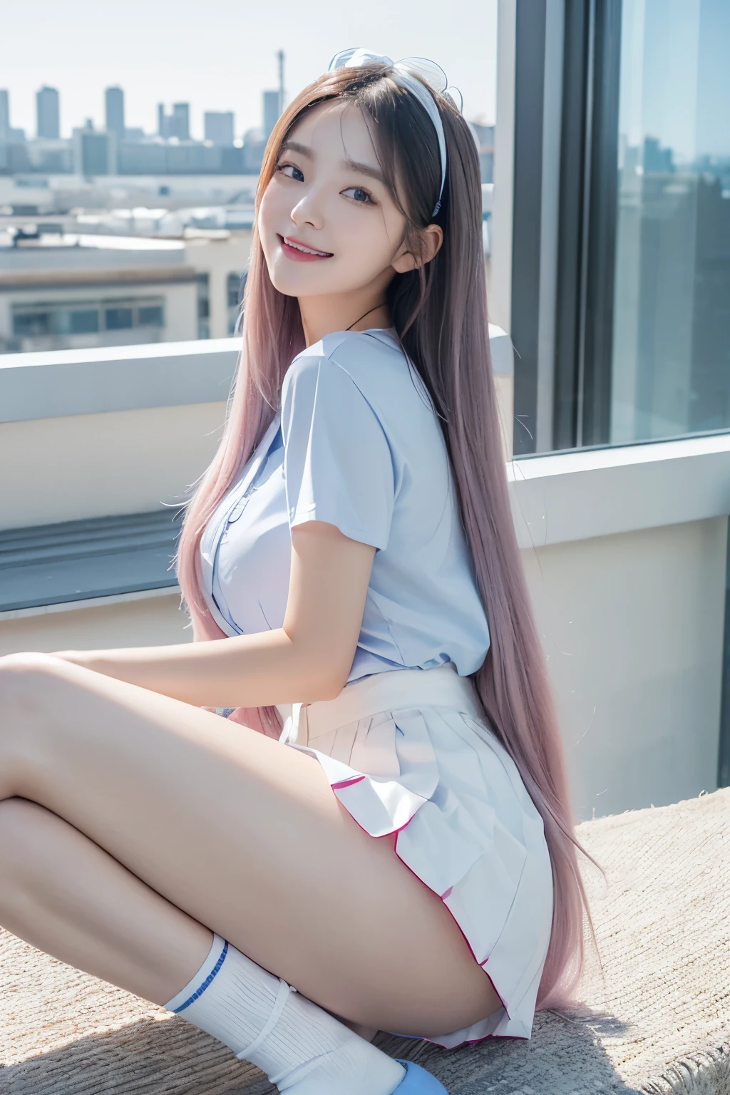 Official Art, masterpiece, Clear focus, (Beautiful, gorgeous and lovely Korean woman:1.3), (Beautiful and cute Korean:1.3), Korean beauty, Exquisite and beautiful hair、Eyes and face, Practical, Extremely detailed, beautiful girl, Blue sky, Glowing white particles, (Side Light:1.2), Sunlight, White Cloud, Detailed clouds, slim, Very cute big and big butt, Smile with teeth bared, ((Smile with your eyes, Open your eyes)), landscape, Long and straight hair, Sexy facial expressions, architecture, (city View:1.7), Dynamic Hair, Long and straight hair, Detailed platinum pink hair, Blue eyes, (Blue Pleated Shirt + White skirt), White socks, Pale skin, Hair accessories, epic landscape,nude