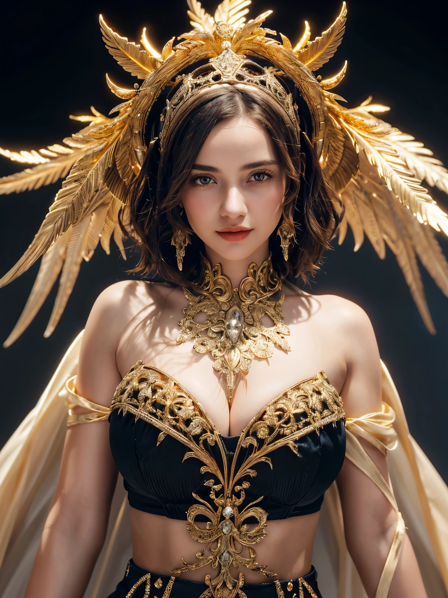 1girl, show upper body, cowboy shot, intricate ornate filigree headpiece, super details, concept art, crystal, detailed golden feathers, sharp focus, still life macro photography, (best_quality, masterpiece:1.2), (highly detailed), (4k, 8k, uhd, high_resolution, highres), gigantic breasts,