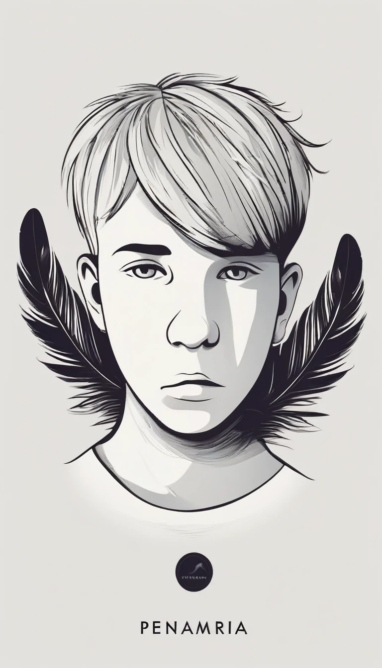 A minimal, modern, simple, cinematic logotype of a boy with a head full of feathers for the brand “Penamemoria" .