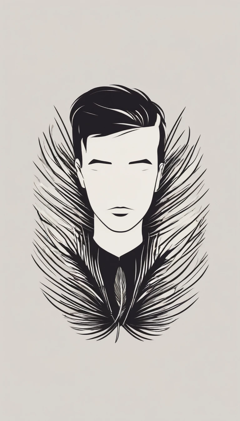 A minimal, modern, simple, cinematic logotype of a boy with a head full of feathers for the brand “Penamemoria" .