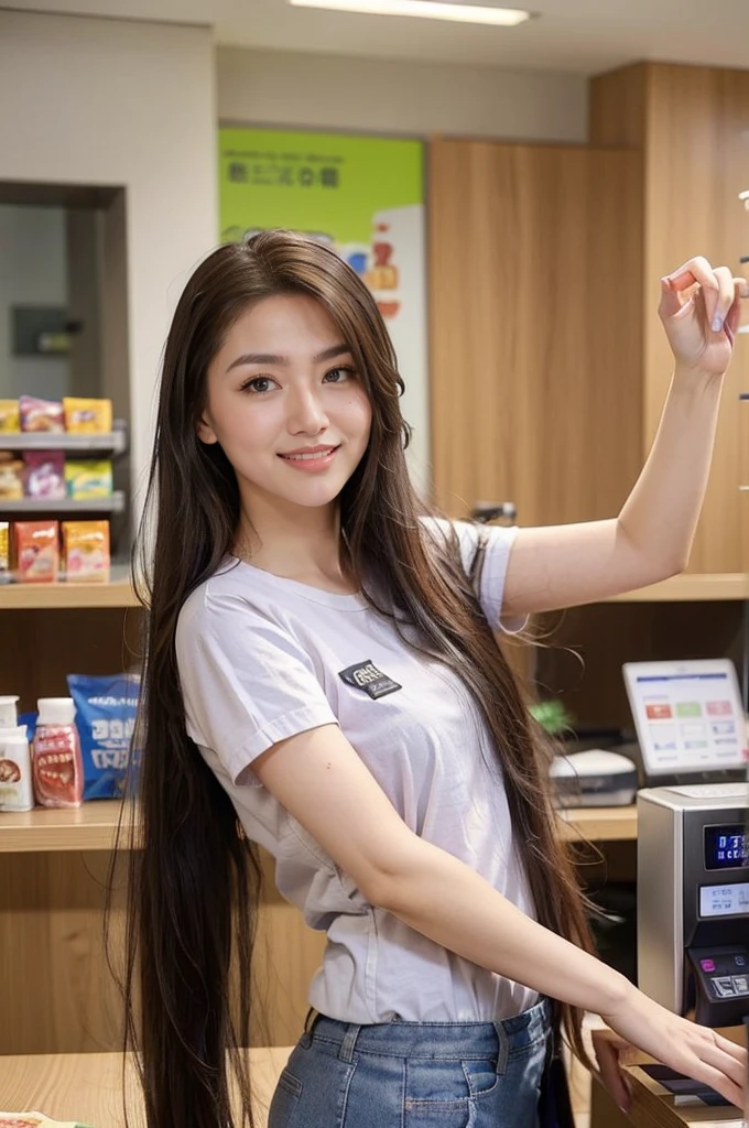 muste piece、High resolution、convenience store of the future、Convenience store clerk、26 year old female、１girl clerk、looking at the camera、smile、Finished as pictured、The cashier is also beautiful、Her skin is white and beautiful、long and beautiful hair、inner color、hair should be tied back、Clerk's uniform、