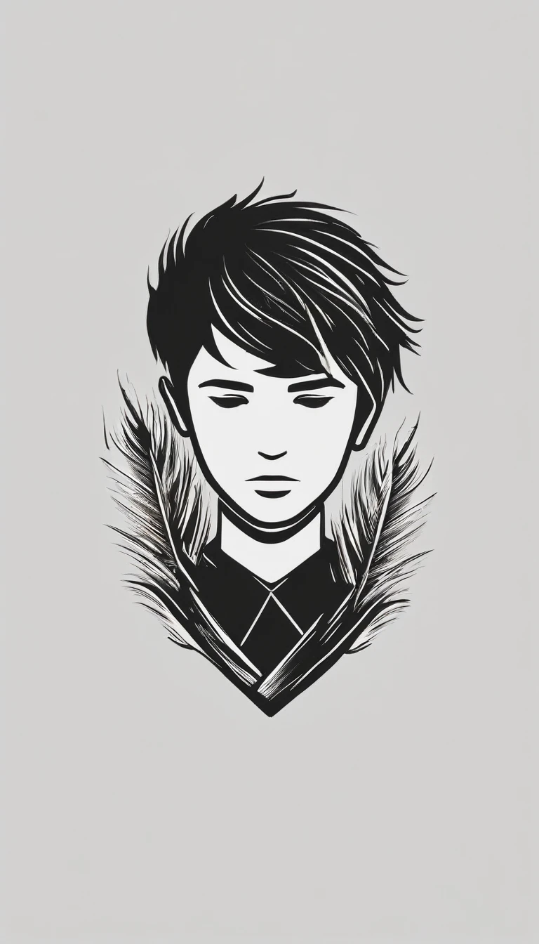 A minimal, modern, simple, cinematic logotype of a boy with a head full of feathers for the brand “Penamemoria" .