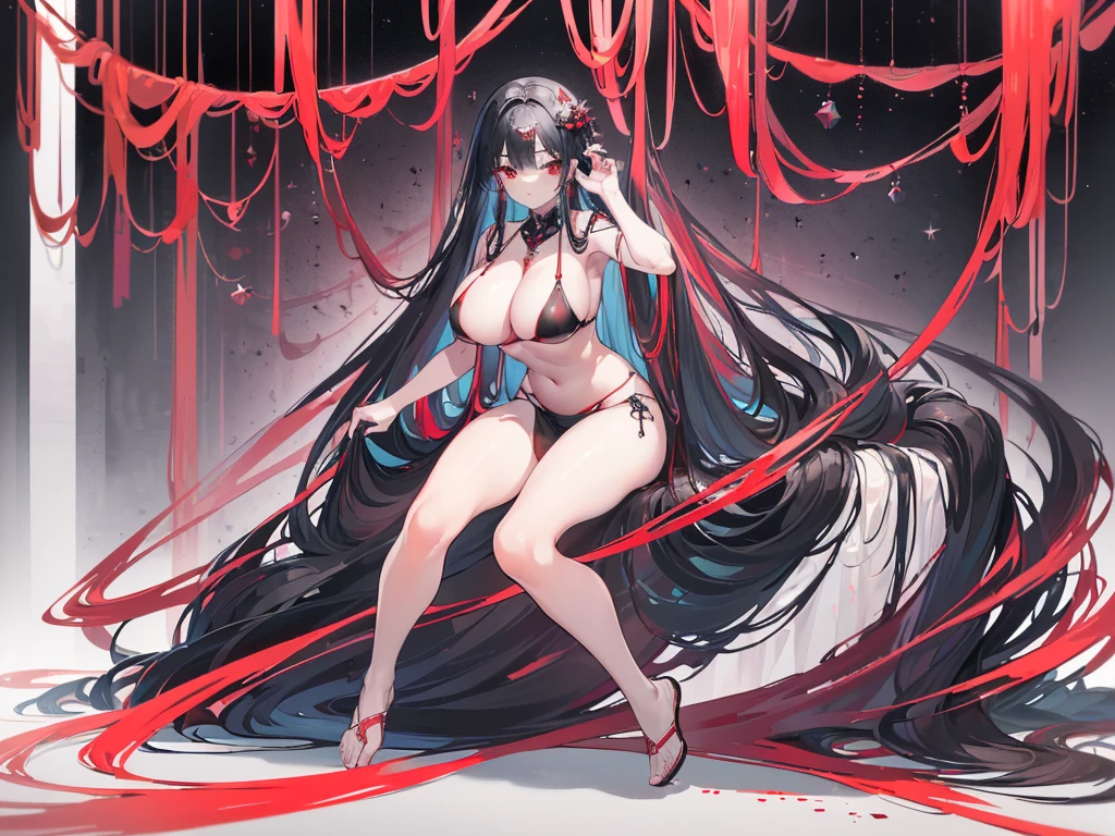 (Exquisite eyes),(Clear and beautiful eyes:1.61),masterpiece, ung girl,(Black clothes and some red gems), Black long hair, (She has a huge red gem on her chest), Good Hand,((The Havoc of StarCraft)),full-body shot,Fighting Stance,(Red Eyes:1.466),short and small,(Very big breasts:1.35),(Pretty Face),(full-body shot:1.33),Beautiful hands