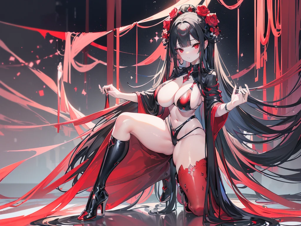 (Exquisite eyes),(Clear and beautiful eyes:1.61),masterpiece, 1 young girl,(Black clothes and some red gems), Black long hair, (She has a huge red gem on her chest), Good Hand,((The Havoc of StarCraft)),full-body shot,Fighting Stance,(Red Eyes:1.466)，short and small,(Very big breasts:1.35),(Pretty Face),(full-body shot:1.33),Beautiful hands