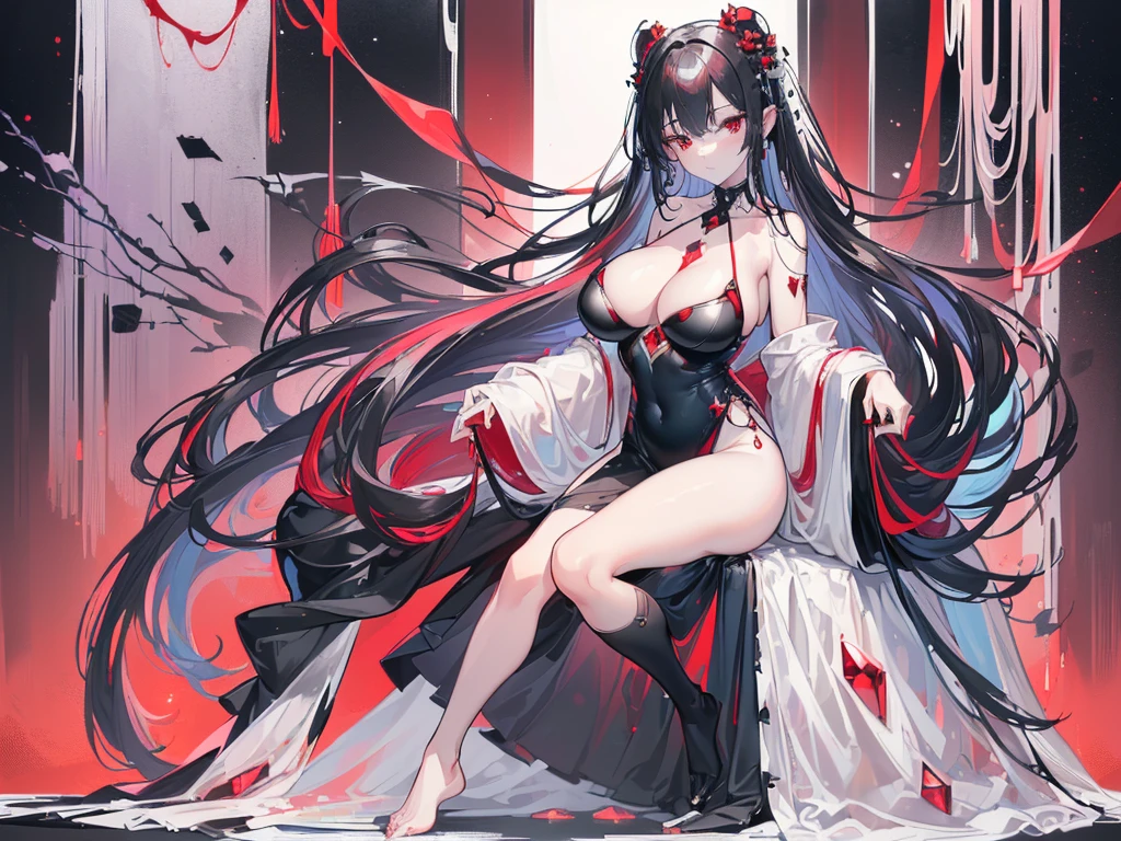 (Exquisite eyes),(Clear and beautiful eyes:1.61),masterpiece, 1 young girl,(Black clothes and some red gems), Black long hair, (She has a huge red gem on her chest), Good Hand,((The Havoc of StarCraft)),full-body shot,Fighting Stance,(Red Eyes:1.466)，short and small,(Very big breasts:1.35),(Pretty Face),(full-body shot:1.33),Beautiful hands