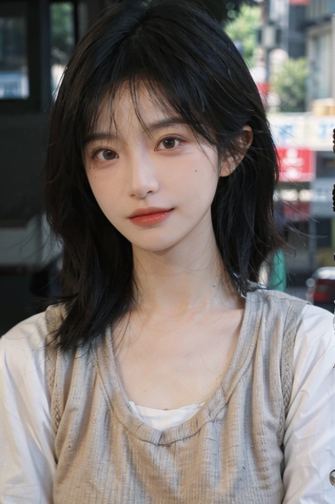 (Skin details:1.4), (smooth skin textures:1.3), Lipstick, background, earrings, serene, calm, (Realistic and detailed eyes:1.2), Natural skin texture, Realistic facial details, Soft dramatic lighting, Vivid details, 35 mm film, outdoor, (Photo Practical:1.4), (hyper Practical:1.4), (Practical:1.3), (Smoother lighting:1.05), (Improve lighting quality:0.9), (Highest quality real skin textures:1.4), Exquisite eyes, Delicate face, Close-up of face, (Enhance the beauty of skin texture:1.1), Hair details, Vest,normal body ratio, short hair, Moles under the eyes, thinking, A faint smile,公园background,Portrait Photography, Depth of Field, Bokeh, Surrealism, Ray Tracing, (Portrait Photography:1.1), Surrealism, High Detail, Chiaroscuro, Ray Tracing, reflected light, Ultra HD, Ultra HD, masterpiece, Textured Skin, Super Detail, High Detail, high quality, best quality