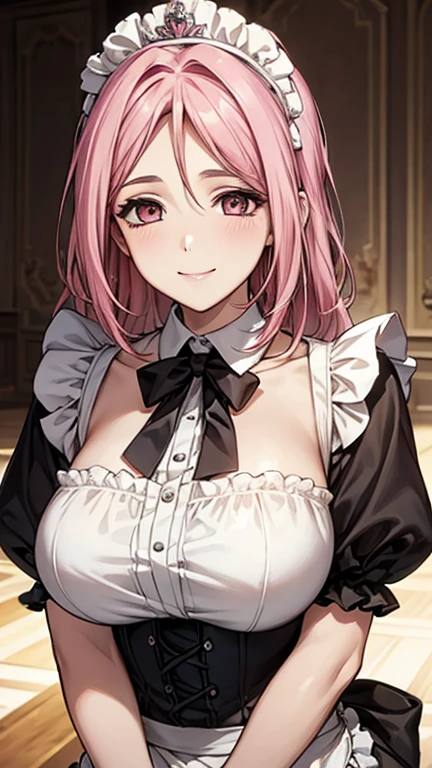 Highest quality,Masterpiece,8K,,Big Breasts,Best Style,Droopy eyes,smile,Pink Hair,Maid clothes