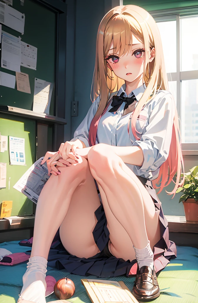 Take off your panties、Pull down your panties、Chestnut Hair、Semi-long hair、Blushing、lipstick、Perfect hands、Detailed hands、、classroom、School、blackboard、school uniform、日本の、