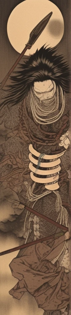 japanese line art , a samurai( tied up to a wooden steak with several arrows stuck in him,:1.2) lower body missing visible skeletal structure , ripped rags, rope and bloody ground, black skies and large moon , floral damask background , in the style of takato yamamoto ,