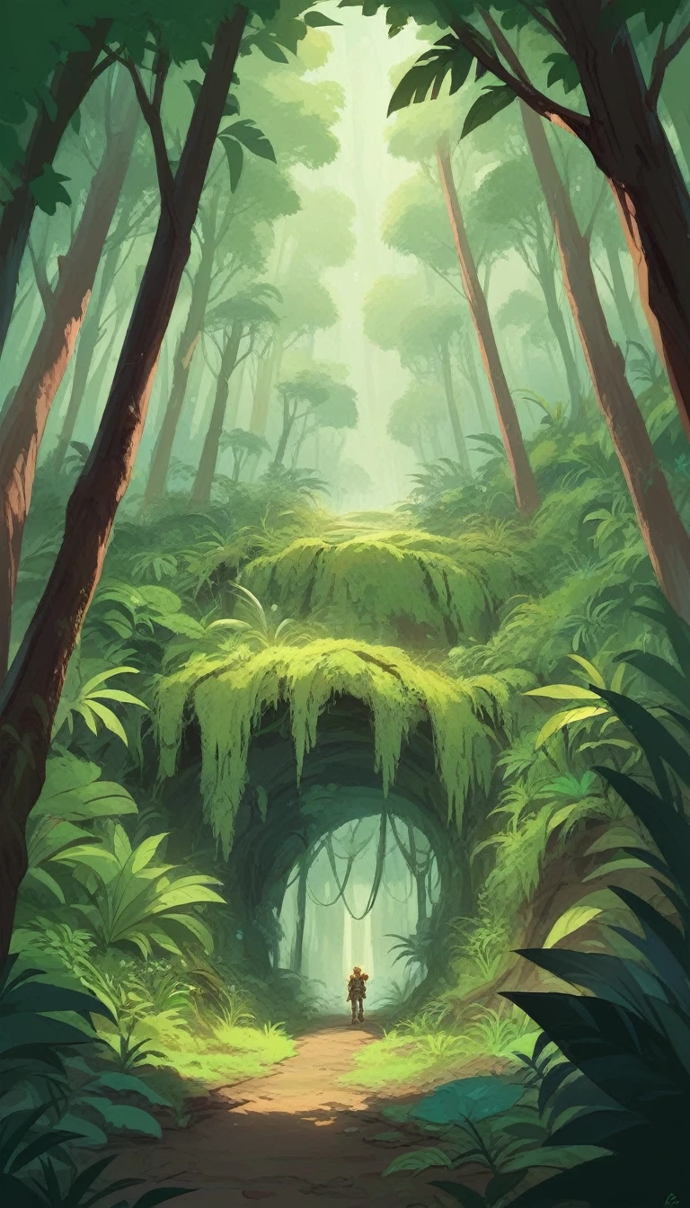 A group of hunters standing in a dense Amazon rainforest, looking down in awe at giant footprints embedded in the soft forest floor. The surrounding jungle is lush and teeming with vibrant green foliage, with a mysterious atmosphere. 4k, cinematic