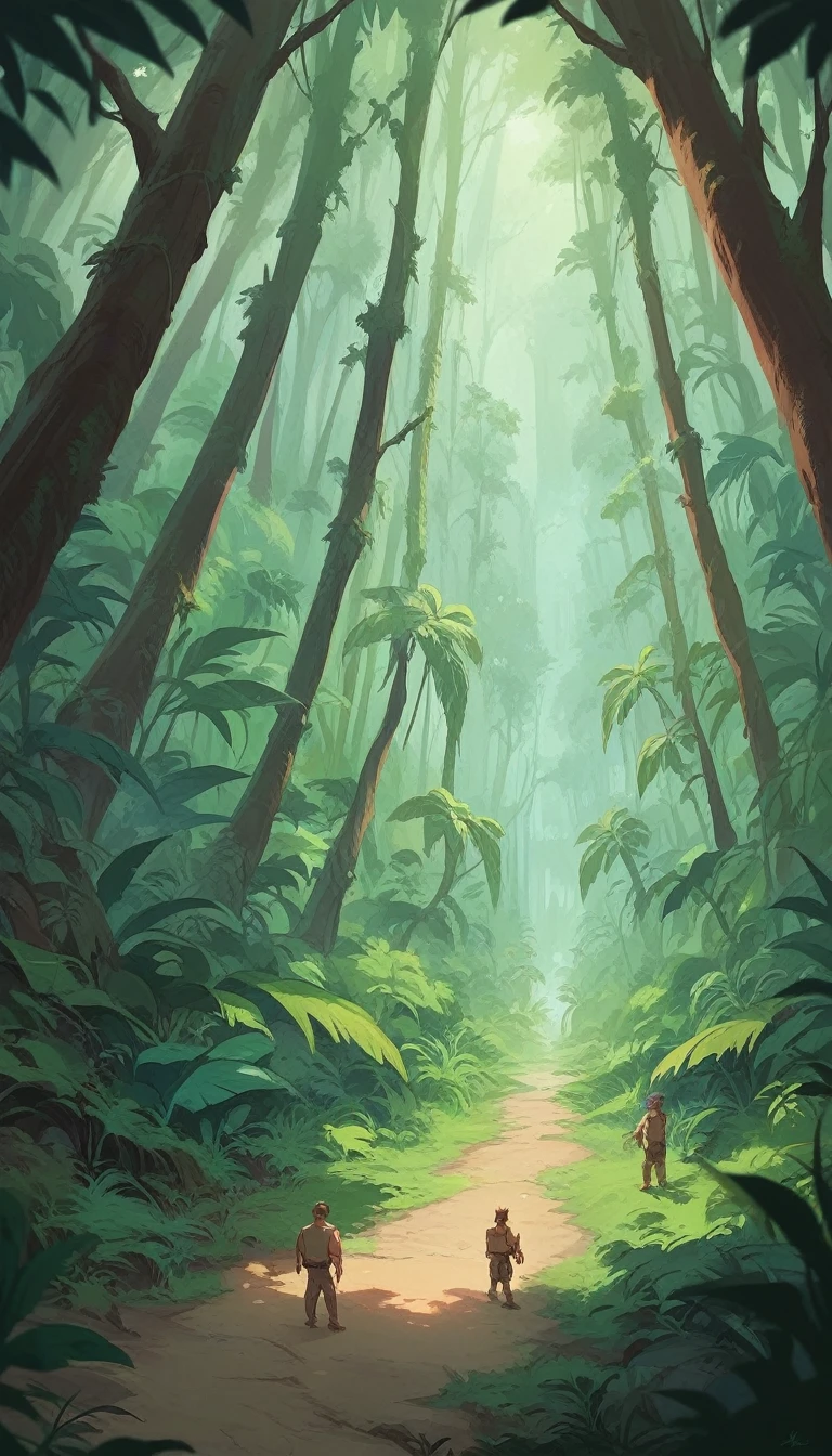 A group of hunters standing in a dense Amazon rainforest, looking down in awe at giant footprints embedded in the soft forest floor. The surrounding jungle is lush and teeming with vibrant green foliage, with a mysterious atmosphere. 4k, cinematic