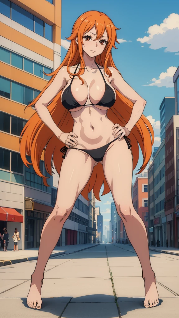 (best quality), (masterpiece), 4k, masterpiece, best quality, ultra detailed, high-resolution, 8k, Masterpiece, best quality, high resolution, 1 woman, Nami , orange long hair , black bikini, abdomen, large breasts , bare feet, hands on hips , barefoots, full body , public , city , many people 