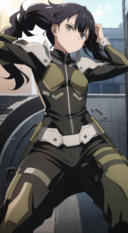 A girl,Black long hair,hair braids,wearing combat fatigues,Audience,(posing),(highres),