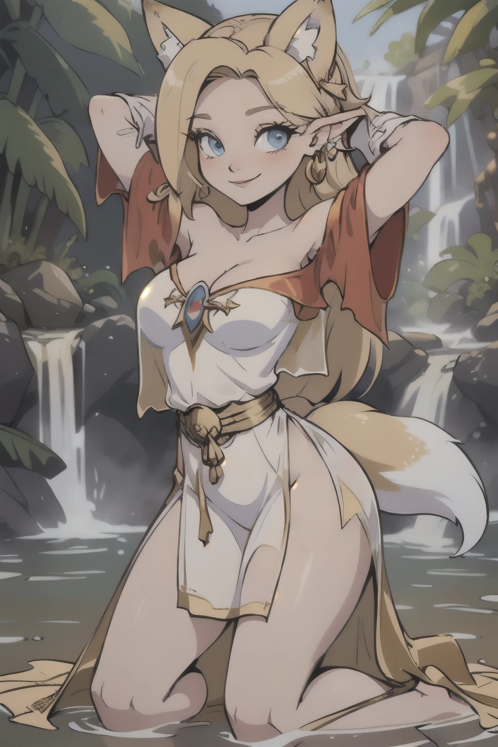 Beautiful 1girl, full body, solo, (very long waist length blonde hair, straight blonde hair: 1.28), ((light blue eyes)), clear skin, (large darker fox ears: 1.35), pale skin, medium breasts, cleavage, Loli, , (thin hips, thin waist , athletic body: 1.25), background, looking away, shy smile, revealing clothes, (wearing Priestess Lori See-through Robe of White and Red and Gold, Off Shoulder,: 1.5), (arms behind head: 1.37), (tropical waterfalls, kneeling water: 1.15), 4k textures, soft light, elegant, highly detailed, sharp focus, soothing tones,