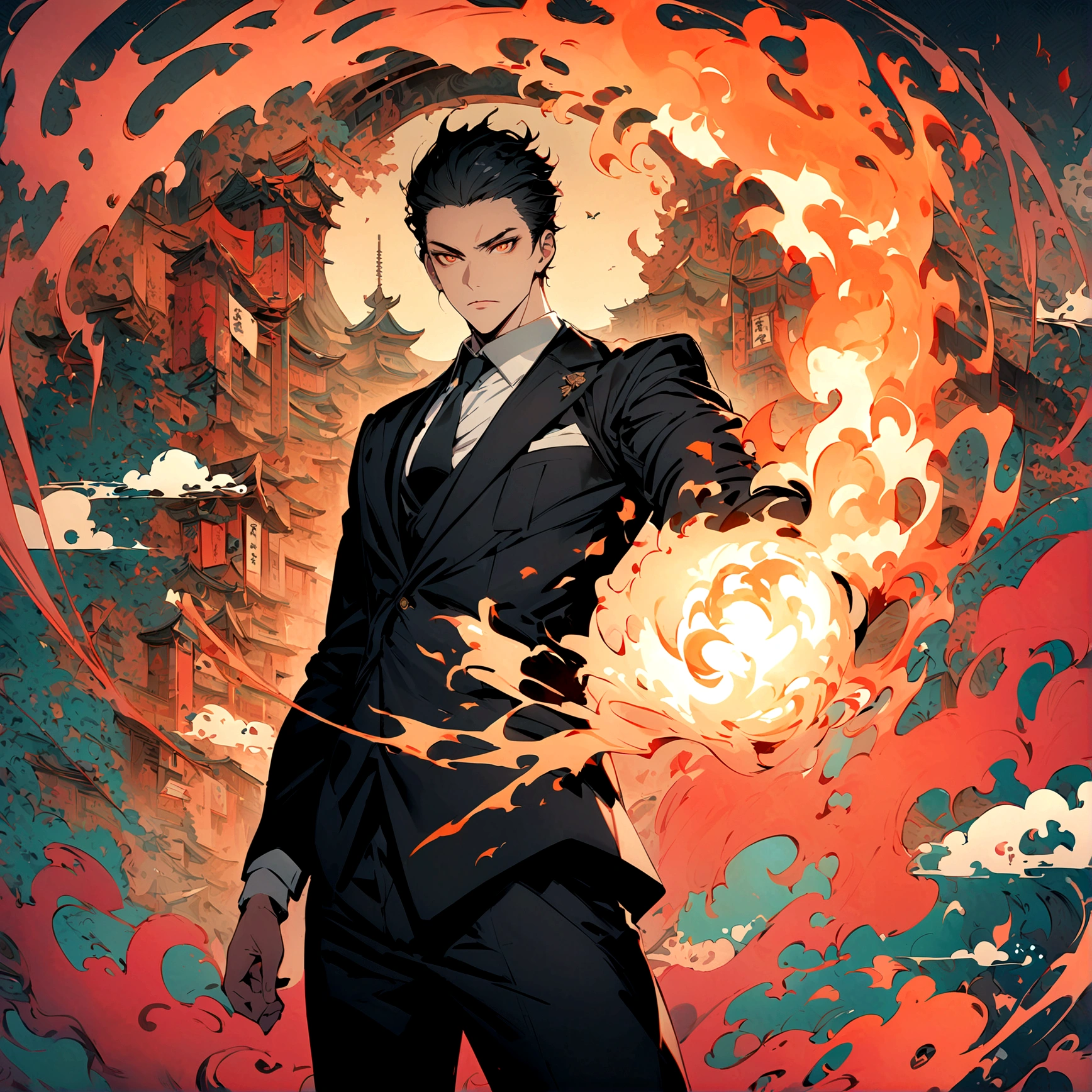 (best quality), oriental detailed background, one man wearing a black suit has flame power