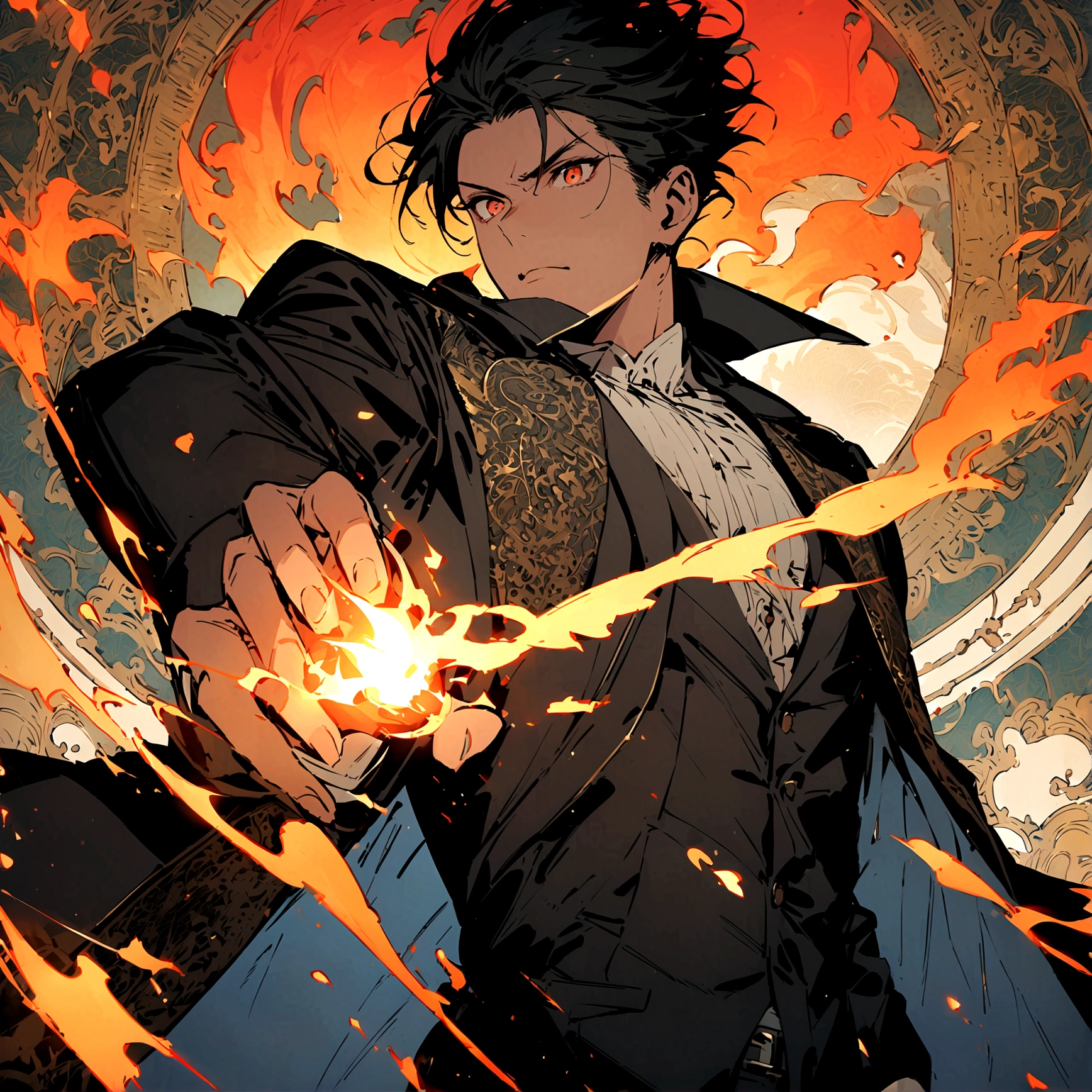 (best quality), oriental detailed background, one man wearing a black suit has flame power