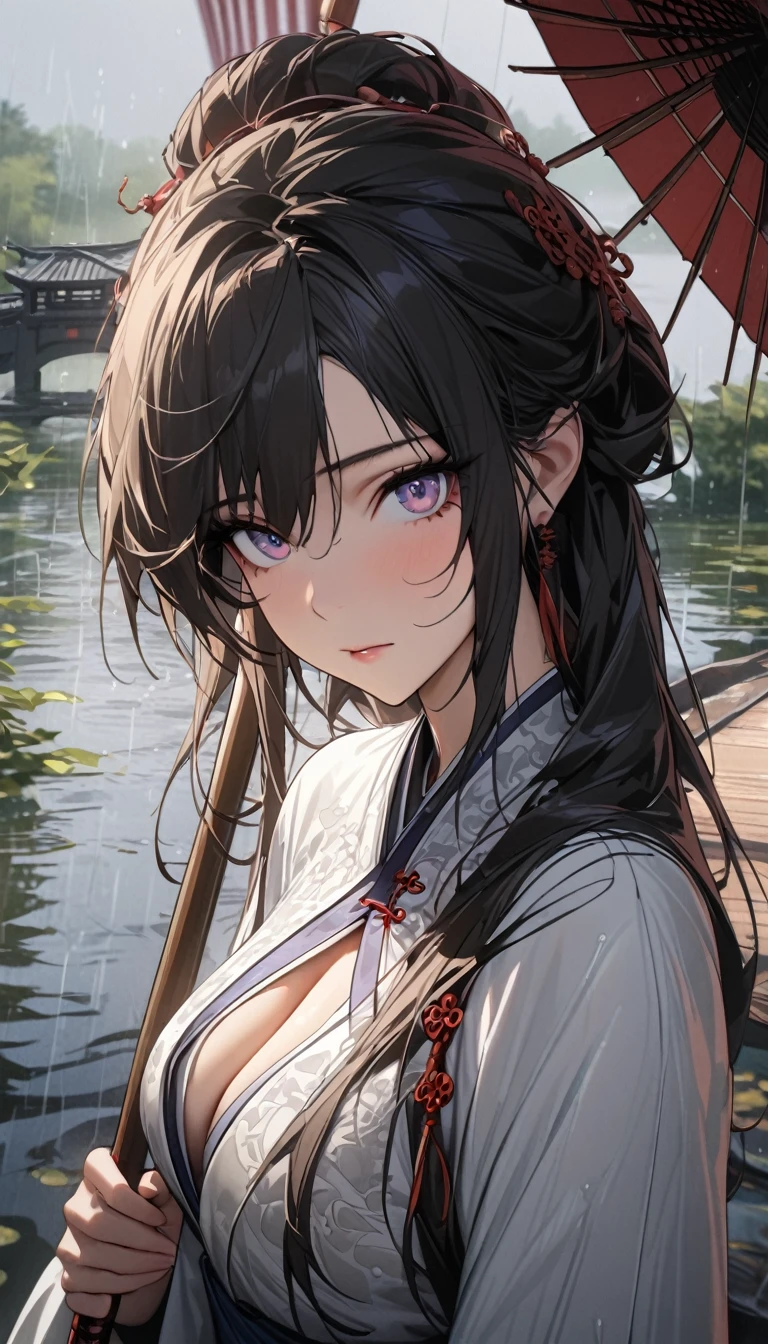 Chinese style,White Hanfu,Bai Suzhen holding an oil-paper umbrella,West Lake,bridge,Rainy Day,beautiful,Keen gaze,Half body,Close-up cleavage,Ultrafine,The hair is very detailed,The eyes are very detailed,Best quality,masterpiece,detailed,precise