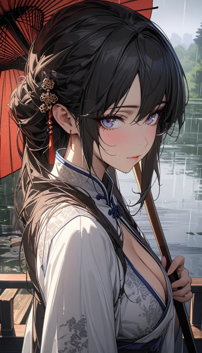 Chinese style,White Hanfu,Bai Suzhen holding an oil-paper umbrella,West Lake,bridge,Rainy Day,beautiful,Keen gaze,Half body,Close-up cleavage,Ultrafine,The hair is very detailed,The eyes are very detailed,Best quality,masterpiece,detailed,precise