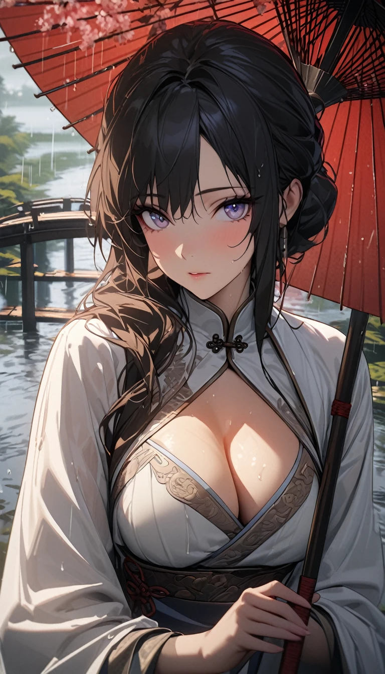 Chinese style,White Hanfu,Bai Suzhen holding an oil-paper umbrella,West Lake,bridge,Rainy Day,beautiful,Keen gaze,Half body,Close-up cleavage,Ultrafine,The hair is very detailed,The eyes are very detailed,Best quality,masterpiece,detailed,precise
