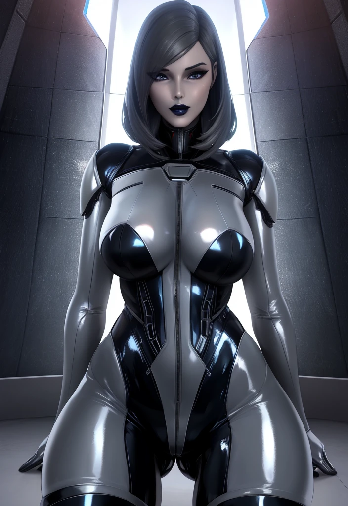 EDI Mass Effect in a tight latex bodysuit, visible cameltoe (incredibly detailed, beautiful metallic dark grey face, dark lips, piece of art) with a sci-fi tech background
