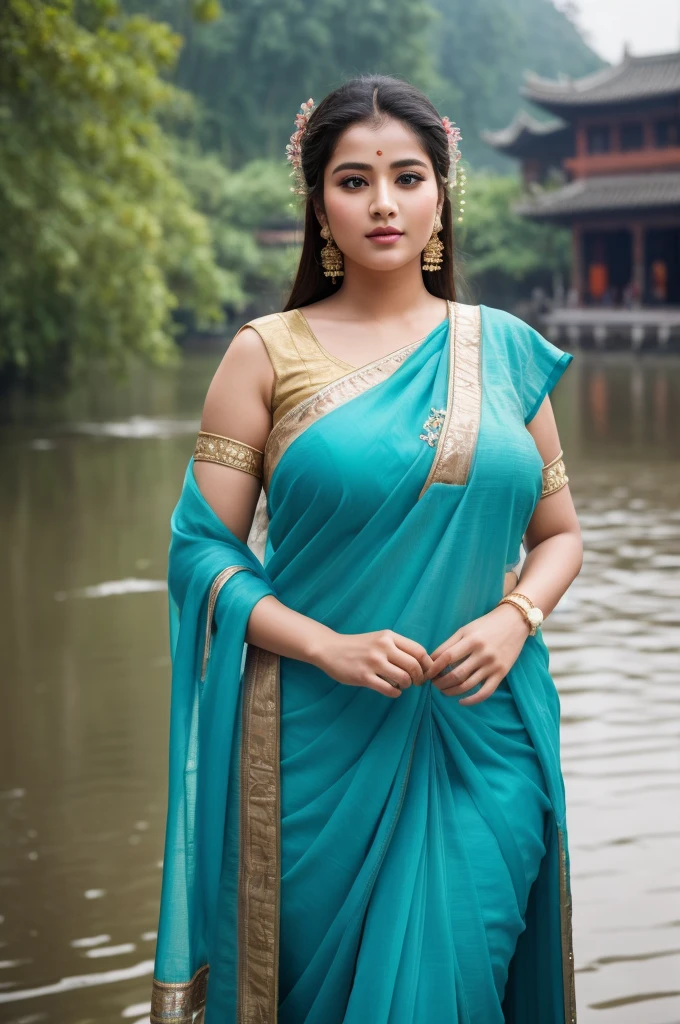 1 Heavenly beautiful and goddess beauty cute and sweet looking face Indian female in heavy rainfall in Fenghuang Ancient Town – Hunan, China, Heavenly beautiful Overweight, Heavenly beautiful Extremely fat, Heavenly beautiful and attractive Chubby figure , Heavenly beautiful looking and eye catching luxury style tight fitting Indian traditional sarees , reaching out, Heavenly beautiful Arabian woman, 16k, High resolution, masterpiece, highest quality, fine skin, outside view, Realistic Photograph, size 45 and waist size 32, close up face view
