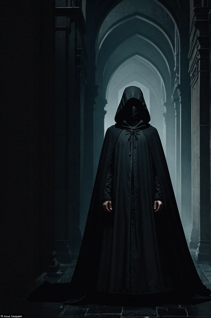 The Mysterious Figure:

A gloomy illustration of the figure wrapped in a black cloak, watching from the shadows, with a disturbing atmosphere that increases the mystery.
