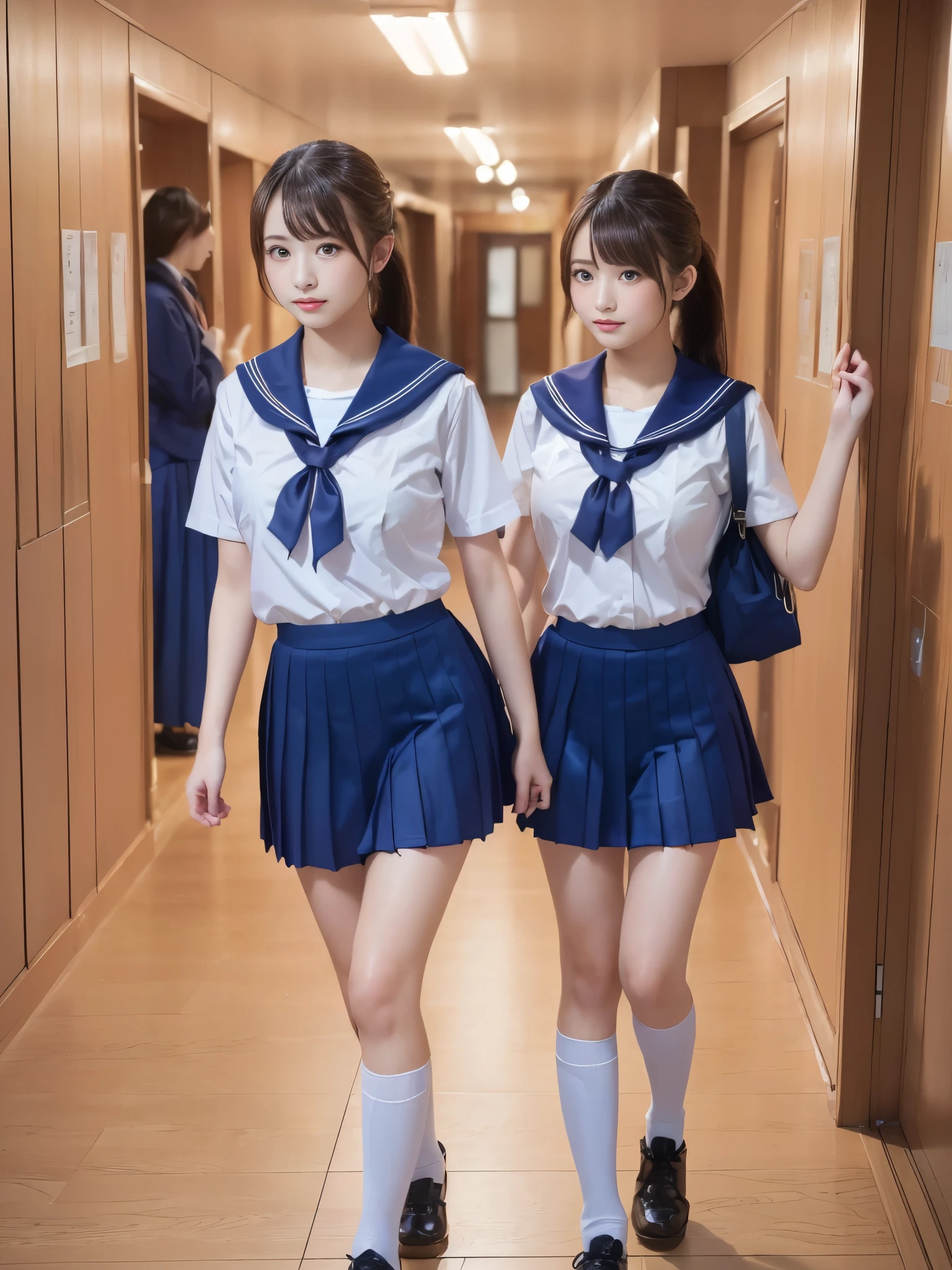 2 girls walking in wooden school classroom,unbuttoned open white shirt,blue school swimsuit with  white trim,18-year-old,bangs,a little smile,thighs,knees,short hair with low pigtails,from before,front light