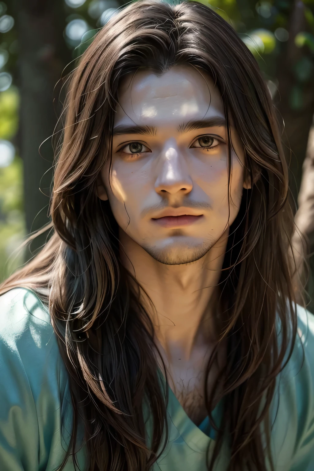 man avatar, from the front, long hair, with radiant and resplendent white light on his face, transfigured in light, with a green background
no visible face.