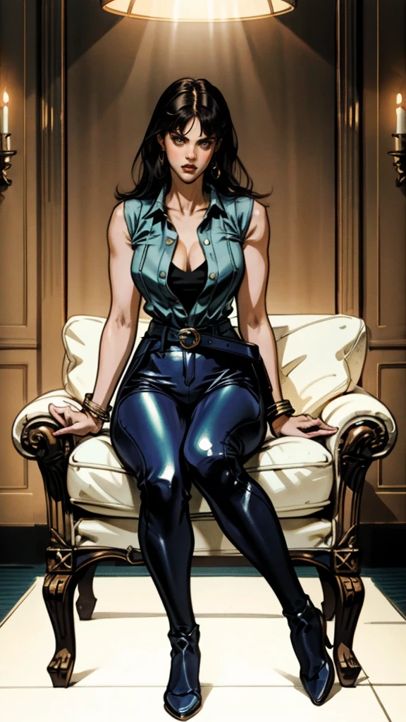A beautiful woman with long shiny black hair, choppy bangs, a delicate face, a cold proud gaze, a fit figure, a fantasy-style high-necked leather breastplate top, sleeveless, exposes her waist, a bracelet adorns her wrist, tight-fitting leather pants, her right hand holds a Katana with a blue scabbard, she lounges casually sitting on a sofa, this character embodies a finely crafted fantasy-style bounty hunter in anime style, exquisite and mature manga art style, (Alexandra Daddario:1.2), high definition, best quality, highres, ultra-detailed, ultra-fine painting, extremely delicate, professional, anatomically correct, symmetrical face, extremely detailed eyes and face, high quality eyes, creativity, RAW photo, UHD, 32k, Natural light, cinematic lighting, masterpiece-anatomy-perfect, masterpiece:1.5