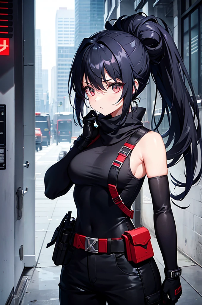 Outfit**: The Machinist wears a black unisex, utility outfit, consisting of a tank top and pants. This outfit is both practical and elegant, designed to offer great freedom of movement. - **Accessories**: She is equipped with a belt with various pockets and buckles, demonstrating her preparedness for various situations. A harness adds to the functionality of her outfit. - **Helmet**: On her head, she wears a red welding helmet with a distinctive and futuristic design. This helmet appears to be multifunctional, providing protection and improved vision. She can also wear a matching mask, covering her entire face, which enhances her mysterious and battle-ready appearance. - **Hair**: Her black hair is styled in two high, messy buns, with flyaways sticking out from her helmet, adding to her casual and edgy appearance. - **Gloves**: She wears red gloves, thick and sturdy, which go up to her forearms. These gloves are designed for physical work and combat. - **Posture**: His posture is relaxed but confident, with one hand on his hip and the other carrying a tool or weapon on his shoulder, demonstrating an attitude that is both nonchalant and ready to act.