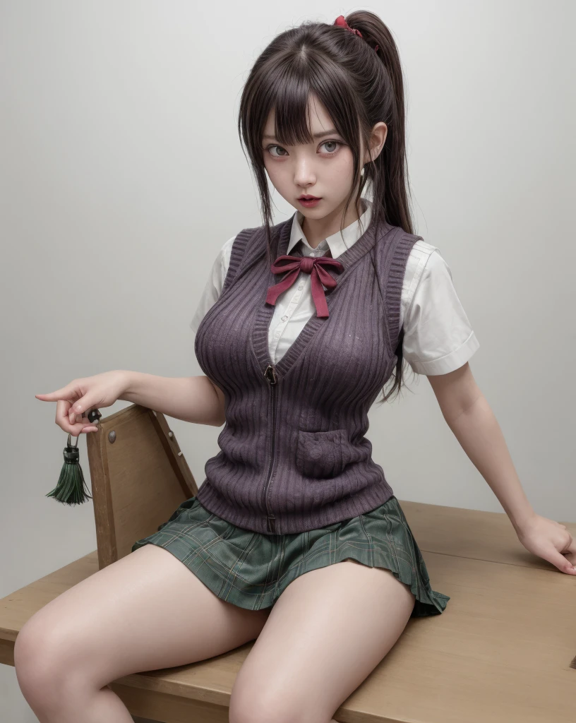 1girl, solo, portrait, simple background, dark theme, makeup, blush, detailed eyes, midriff, (abs:1.1), underboob, cleavage, sharp focus,, fake breasts,, bokeh, microscopic, transparent background, Sitting down with legs crossed, shredded, upper body, (villain pose), (69), (joyous), (((kilt))), virtual youtuber artist, watson amana, yu-ga-oh genshin impact, zzzzmao no tsueha, zipper pull tabard, zoom layer, zunusoku nakano mikuji, yellow pupils, yellow theme, zuzi yanagi kagura, zizumiya konata tsuyuuri zukeriiyouko vocaloid, ziroromo rinzoromori, zombie mogami tensei shitara shoujo toki revadance, zurui vtubercraft medium, zombie mogamoto vocaloid, zipper pull tabard, lips, looking at viewer, neck ribbon, open mouth, parted bangs, purple sweater vest, red ribbon, rebecca zurui project sekai, revision, (ribbed sweater vest:1.29), sidelocks hentaki himawari's , smiley face meme attire, solo focus, starry hair ornamentals, sweatdrop, swept bangles, tassel, tsurime, white background
