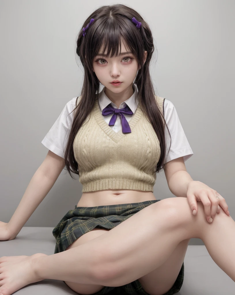 1girl, solo, portrait, simple background, dark theme, makeup, blush, detailed eyes, midriff, (abs:1.1), underboob, cleavage, sharp focus,, fake breasts,, bokeh, microscopic, transparent background, Sitting down with legs crossed, shredded, upper body, (villain pose), (69), (joyous), (((kilt))), virtual youtuber artist, watson amana, yu-ga-oh genshin impact, zzzzmao no tsueha, zipper pull tabard, zoom layer, zunusoku nakano mikuji, yellow pupils, yellow theme, zuzi yanagi kagura, zizumiya konata tsuyuuri zukeriiyouko vocaloid, ziroromo rinzoromori, zombie mogami tensei shitara shoujo toki revadance, zurui vtubercraft medium, zombie mogamoto vocaloid, zipper pull tabard, lips, looking at viewer, neck ribbon, open mouth, parted bangs, purple sweater vest, red ribbon, rebecca zurui project sekai, revision, (ribbed sweater vest:1.29), sidelocks hentaki himawari's , smiley face meme attire, solo focus, starry hair ornamentals, sweatdrop, swept bangles, tassel, tsurime, white background