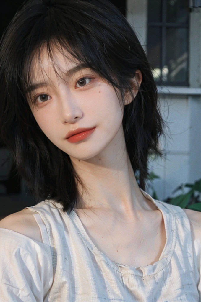 (Skin details:1.4), (smooth skin textures:1.3), Lipstick, background, earrings, serene, calm, (Realistic and detailed eyes：1.2）, Natural skin texture, Realistic facial details, Soft dramatic lighting, Vivid details, 35 mm film, outdoor, (Photo Practical:1.4), (hyper Practical:1.4), (Practical:1.3), (Smoother lighting:1.05), (Improve lighting quality:0.9), (Highest quality real skin textures:1.4), Exquisite eyes, Delicate face, Close-up of face, (Enhance the beauty of skin texture:1.1), Hair details,  Vest，normal body ratio, short hair, Moles under the eyes, thinking, A faint smile,公园background，Portrait Photography, Depth of Field, Bokeh, Surrealism, Ray Tracing, (Portrait Photography:1.1), Surrealism, High Detail, Chiaroscuro, Ray Tracing, reflected light, Ultra HD, Ultra HD, masterpiece, Textured Skin, Super Detail, High Detail, high quality, best quality