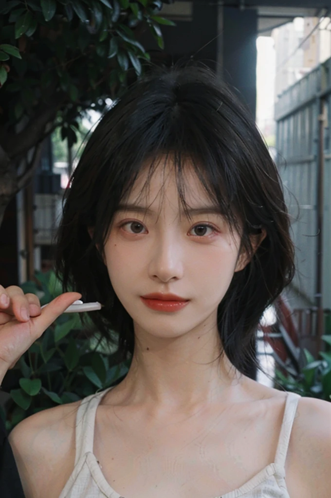 (Skin details:1.4), (smooth skin textures:1.3), Lipstick, background, earrings, serene, calm, (Realistic and detailed eyes:1.2), Natural skin texture, Realistic facial details, Soft dramatic lighting, Vivid details, 35 mm film, outdoor, (Photo Practical:1.4), (hyper Practical:1.4), (Practical:1.3), (Smoother lighting:1.05), (Improve lighting quality:0.9), (Highest quality real skin textures:1.4), Exquisite eyes, Delicate face, Close-up of face, (Enhance the beauty of skin texture:1.1), Hair details, Vest,normal body ratio, short hair, Moles under the eyes, thinking, A faint smile,公园background,Portrait Photography, Depth of Field, Bokeh, Surrealism, Ray Tracing, (Portrait Photography:1.1), Surrealism, High Detail, Chiaroscuro, Ray Tracing, reflected light, Ultra HD, Ultra HD, masterpiece, Textured Skin, Super Detail, High Detail, high quality, best quality