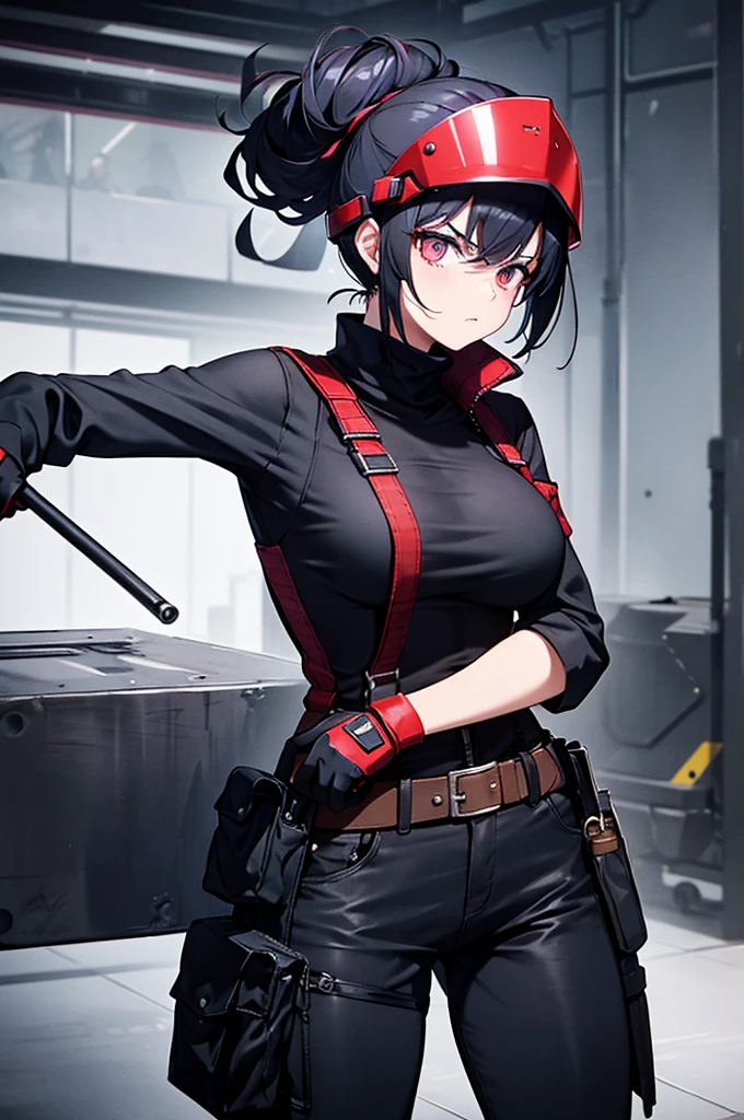 Outfit**: The Machinist wears a black unisex, utility outfit, consisting of a tank top and pants. This outfit is both practical and elegant, designed to offer great freedom of movement. - **Accessories**: She is equipped with a belt with various pockets and buckles, demonstrating her preparedness for various situations. A harness adds to the functionality of her outfit. - **Helmet**: On her head, she wears a red welding helmet with a distinctive and futuristic design. This helmet appears to be multifunctional, providing protection and improved vision. She can also wear a matching mask, covering her entire face, which enhances her mysterious and battle-ready appearance. - **Hair**: Her black hair is styled in two high, messy buns, with flyaways sticking out from her helmet, adding to her casual and edgy appearance. - **Gloves**: She wears red gloves, thick and sturdy, which go up to her forearms. These gloves are designed for physical work and combat. - **Posture**: His posture is relaxed but confident, with one hand on his hip and the other carrying a tool or weapon on his shoulder, demonstrating an attitude that is both nonchalant and ready to act.