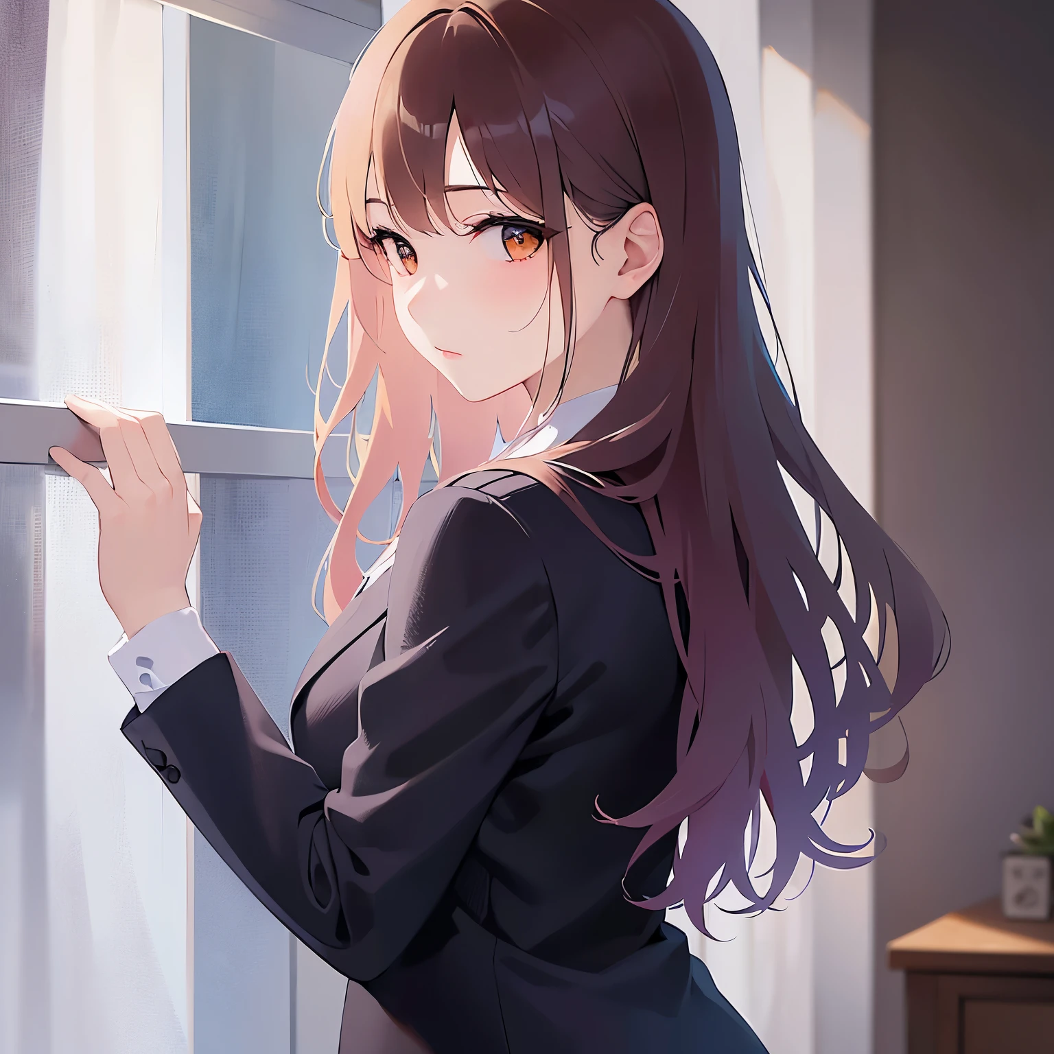 looking up、looking back,Upper Body, Realistic, real person, (pale skin: 1.2), RAW photo, photorealistic, shiny skin, shiny hair、 (A 35-year-old woman with medium-length hair and bangs) and (wavy hair) and (brown hair) and (Orange Eyes) , (Wearing a business suit:1.5) and (Wearing a white collared shirt),blush,curtain,window、Alone、Closing the curtains,Wearing a black jacket