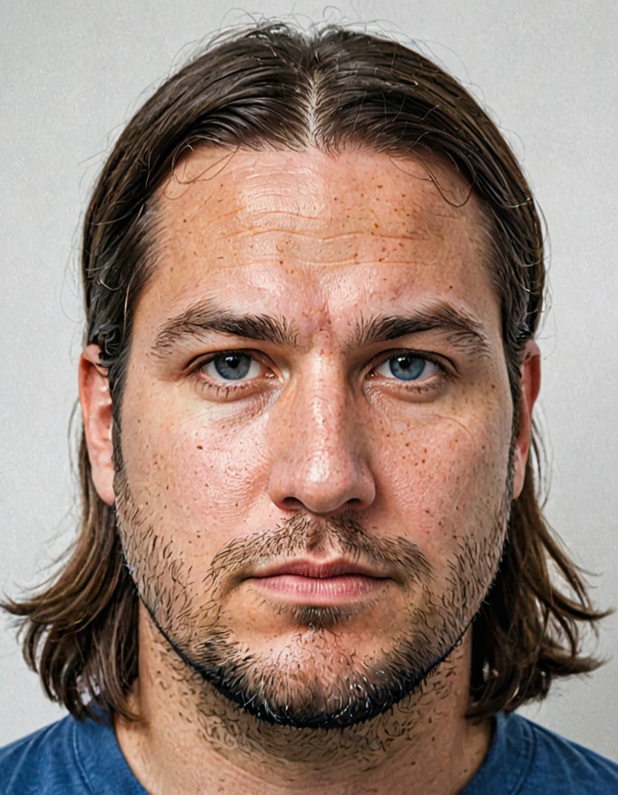 pure white background, white id photo, closeup, photo of 35 y.o man in blue clothes, serious face, chubby, long hair, no hair on face, lations:0.8