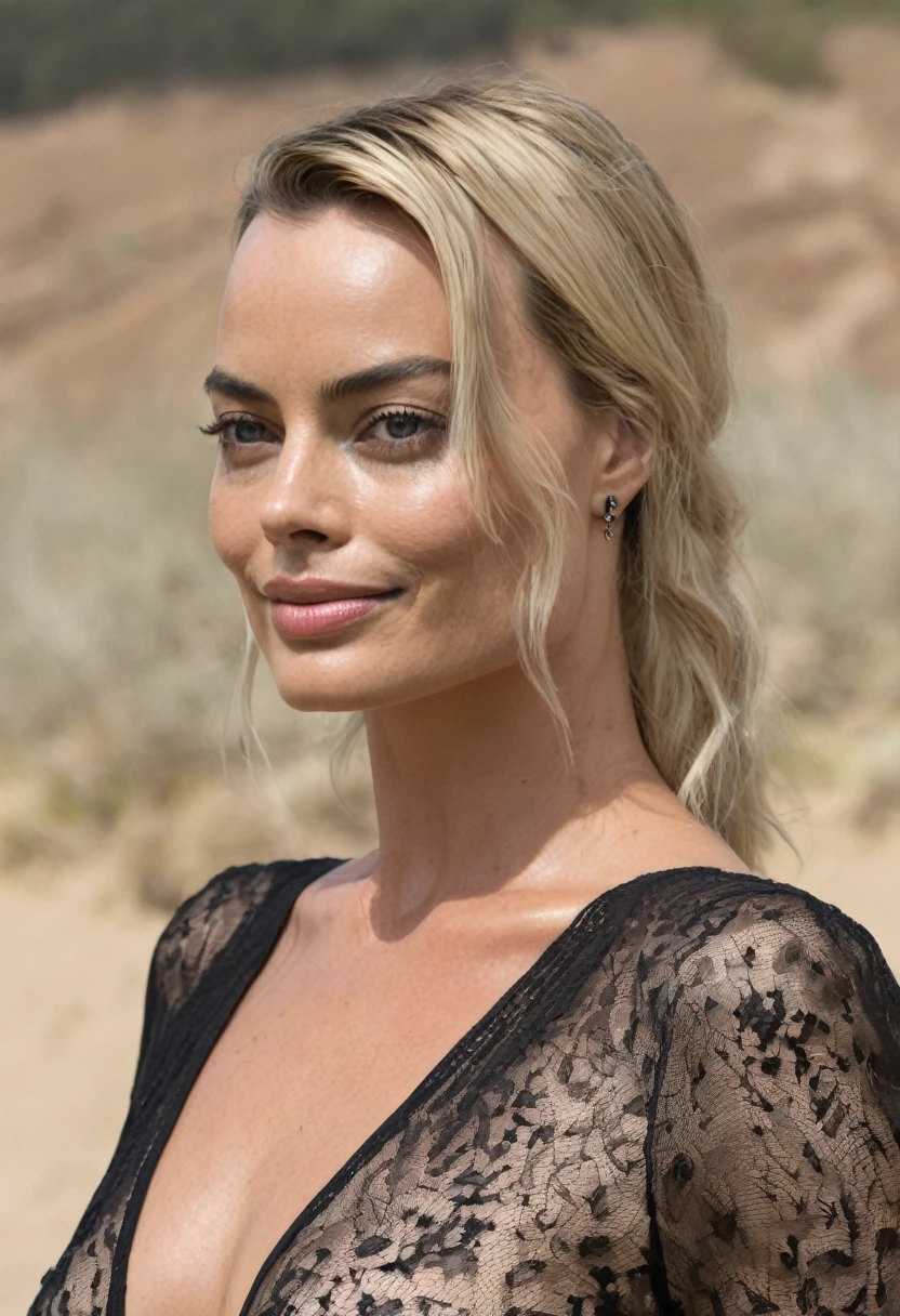 (( high quality random Erotic celebrity shot )) , 40yo woman ( full upper body shot, Margot Robbie, smiling , woman, middle aged woman, realistic babe ) ,tight sweaty silk top, extremely realistic skin texture , extremely erotic , tall woman, fit fleshy figure , tired woman, shiny sweaty skin , vacation side outdoor background , woman, hollywood actress, erotic angle ( depth of field, detailed face insanely detailed skin texture, hyper detailed features )