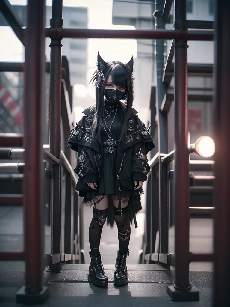 Highest quality、8K、masterpiece：1.3、Gothic Punk、The inside color is red、Black-haired、hair ornaments、Beautiful girl、creative、Dark Fantasy Style、Neogoth、Goth Fashion：1.2、High resolution、masterpiece、Highest quality、頭w:1.3、((Hasselblad Photos))、Fine skin、Sharp focus、(Cinematic lighting)、Realistic textured hair、((Black Mask)),Esbian all over、((View from below))