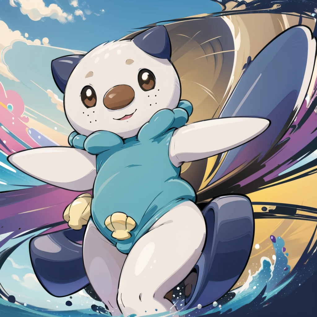 oshawott,no humans, furry, chibi, black eyes, solo, seashell, body fur, (best quality), beach background, detailed fluffy fur, looking at viewer, whiskers, smile, nose, (tail:1.1), 