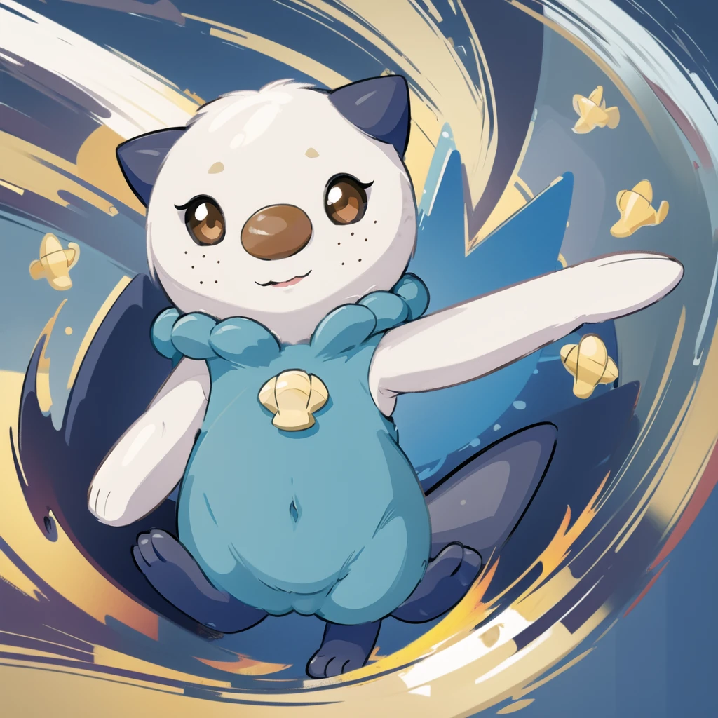 oshawott,no humans, furry, chibi, black eyes, solo, seashell, body fur, (best quality), beach background, detailed fluffy fur, looking at viewer, whiskers, smile, nose, (tail:1.1), 