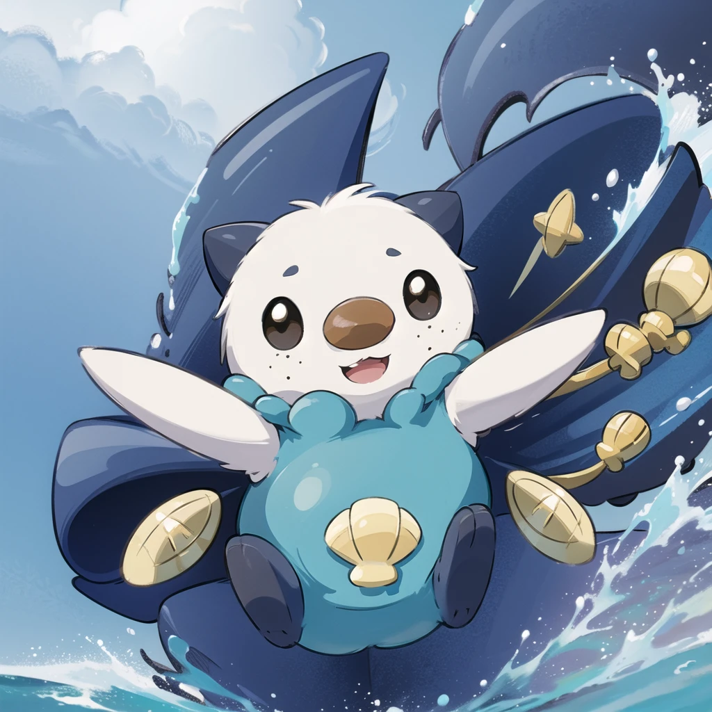 oshawott,no humans, furry, chibi, black eyes, solo, seashell, body fur, (best quality), beach background, detailed fluffy fur, looking at viewer, whiskers, smile, nose, (tail:1.1),