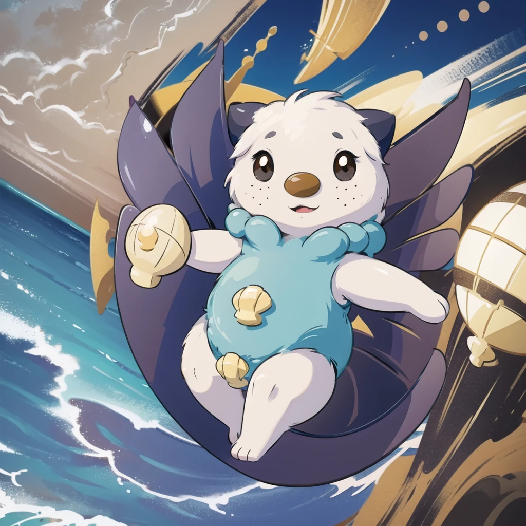 oshawott,no humans, furry, chibi, black eyes, solo, seashell, body fur, (best quality), beach background, detailed fluffy fur, looking at viewer, whiskers, smile, nose, (tail:1.1), 