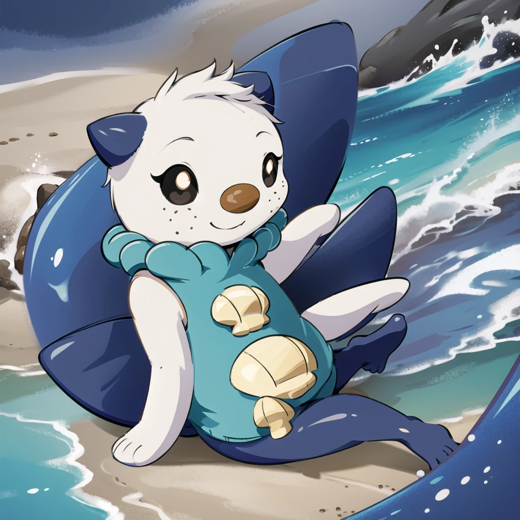 oshawott,no humans, furry, chibi, black eyes, solo, seashell, body fur, (best quality), beach background, detailed fluffy fur, looking at viewer, whiskers, smile, nose, (tail:1.1), 