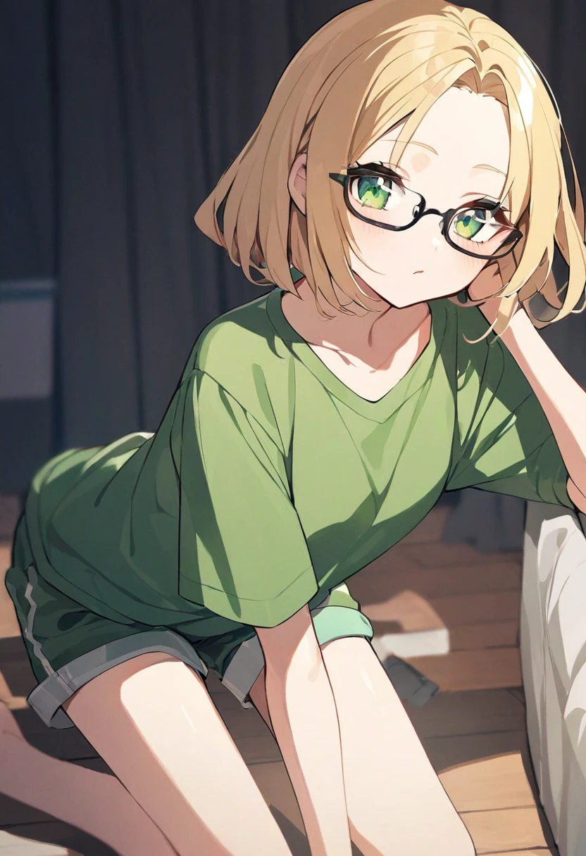 girl, blonde, green eyes, medium length hair, open forehead, no bangs, square-rimmed black glasses, short green shorts, shorts, The green shirt