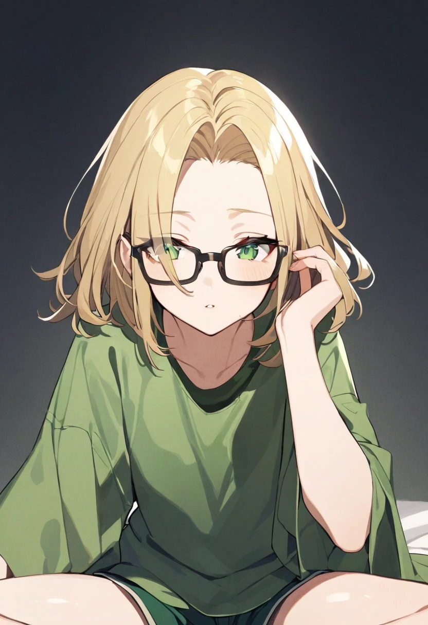 girl, blonde, green eyes, medium length hair, open forehead, no bangs, square-rimmed black glasses, short green shorts, shorts, The green shirt 